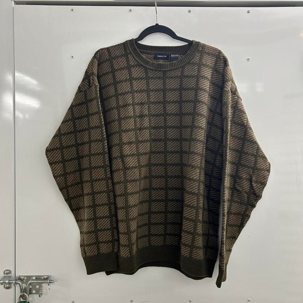 2000s Claiborne brown and olive green plaid cotton sweater